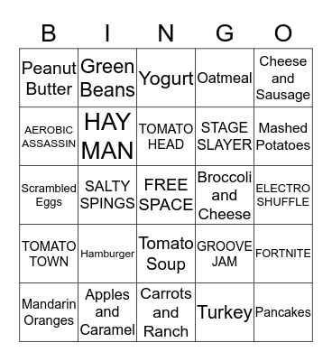 FORTNITE VBUCKS HEALTHY FOOD BINGO Card