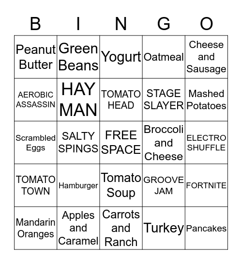 FORTNITE VBUCKS HEALTHY FOOD BINGO Card