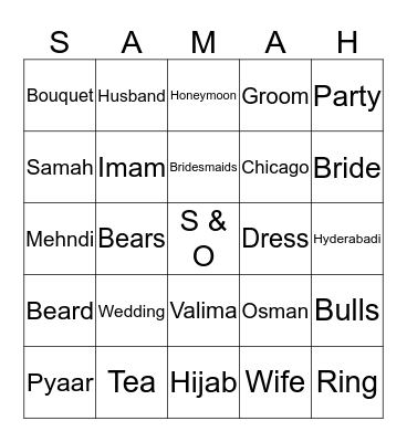 Samah's Bridal Shower! Bingo Card