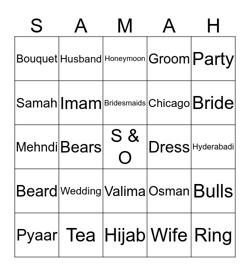 Samah's Bridal Shower! Bingo Card