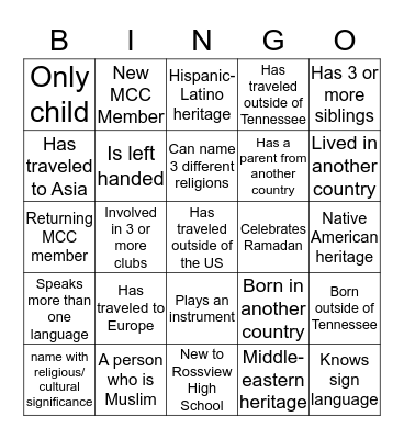MULTICULTURAL BINGO Card
