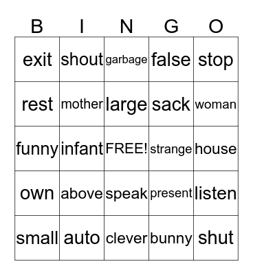 Synonyms Bingo Card