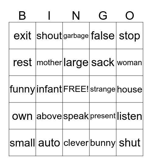 Synonyms Bingo Card