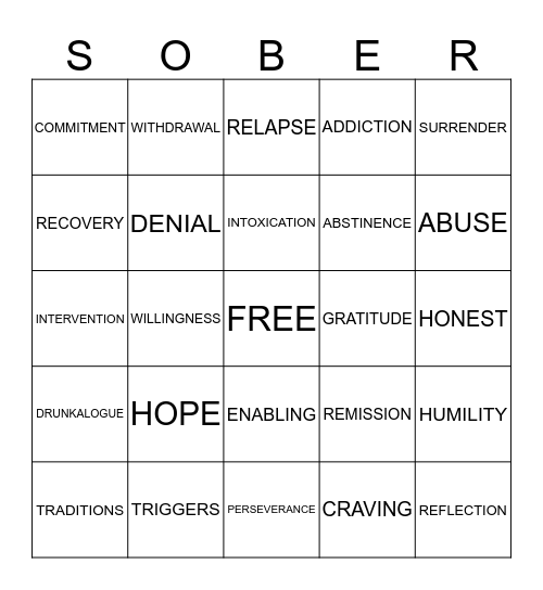 Addiction & Recovery Bingo Card