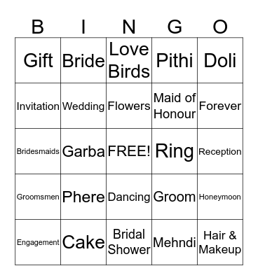 Mitali's Bridal Shower Bingo Card