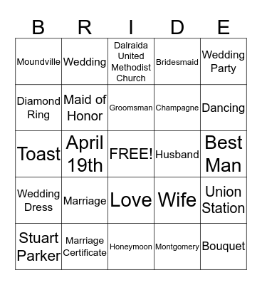 Bridal Bingo Card