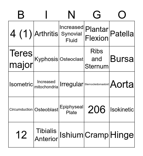 Anatomy Bingo Card