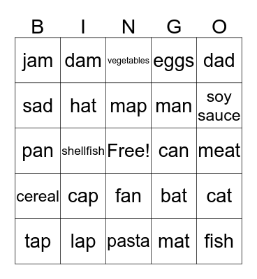 Short Vowels a + Food Bingo Card