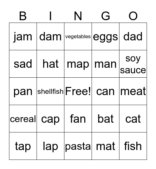 Short Vowels a + Food Bingo Card