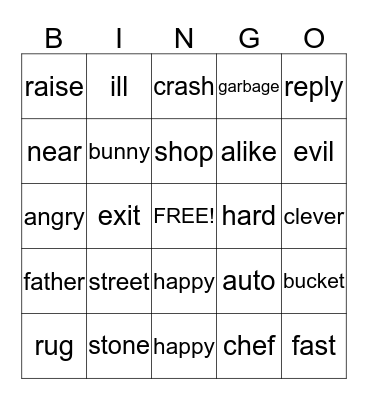 Synonyms Bingo Card