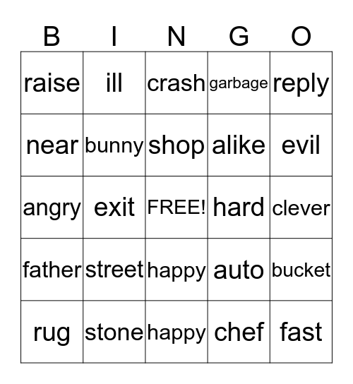 Synonyms Bingo Card