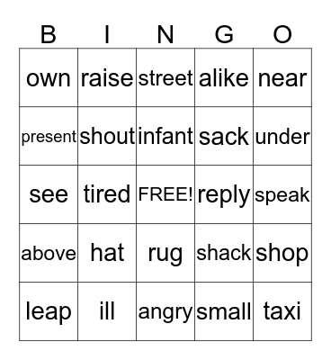 Synonyms Bingo Card
