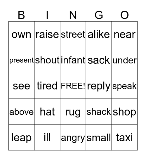 Synonyms Bingo Card