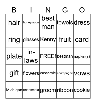 Jesse's Bridal Bingo Card