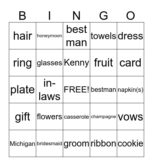 Jesse's Bridal Bingo Card