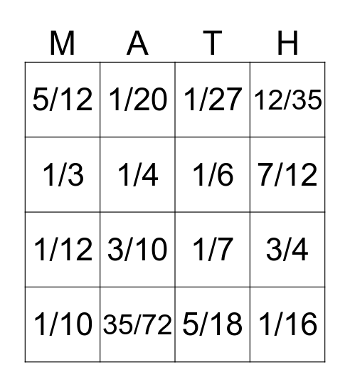 FRACTION Bingo Card