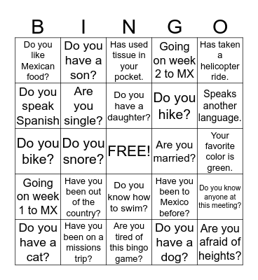 Get To Know You  Bingo Card