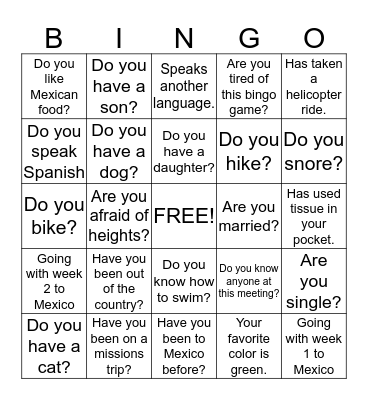 Get To Know You  Bingo Card