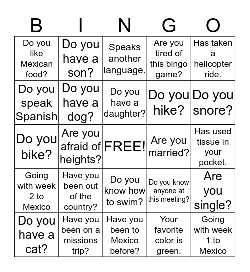 Get To Know You  Bingo Card