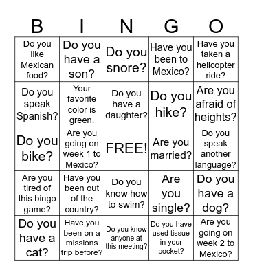 Get To Know You  Bingo Card