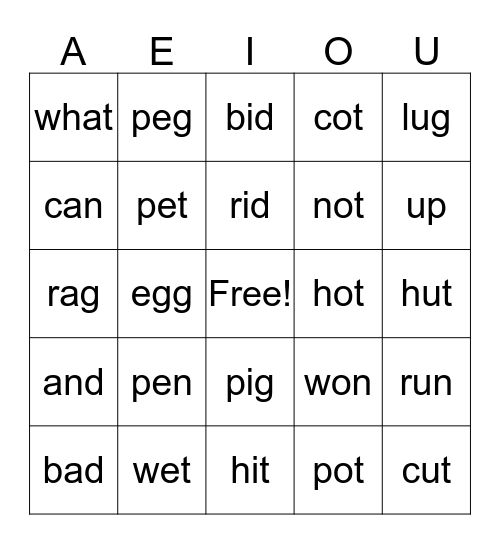 Short Vowel Bingo Card