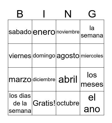Los Meses y Los Dias de la Semana Bingo Card