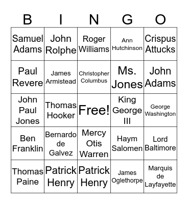People of 13 Colonies/Revolution Bingo Card