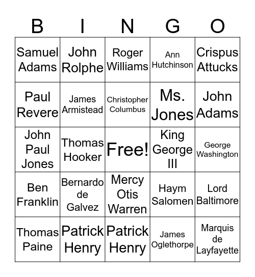 People of 13 Colonies/Revolution Bingo Card