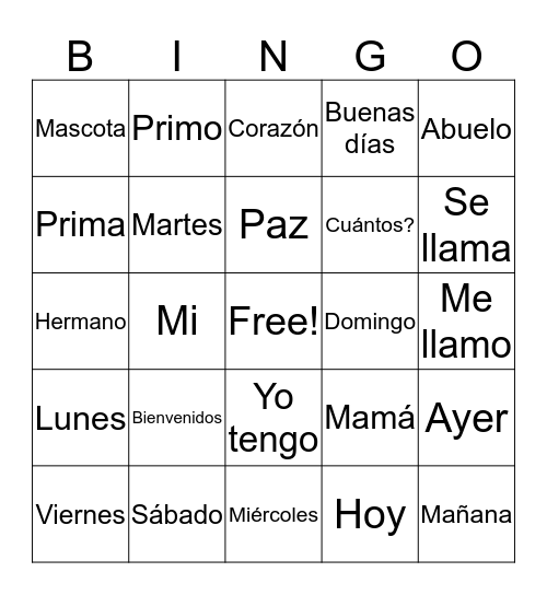 Español Bingo Card