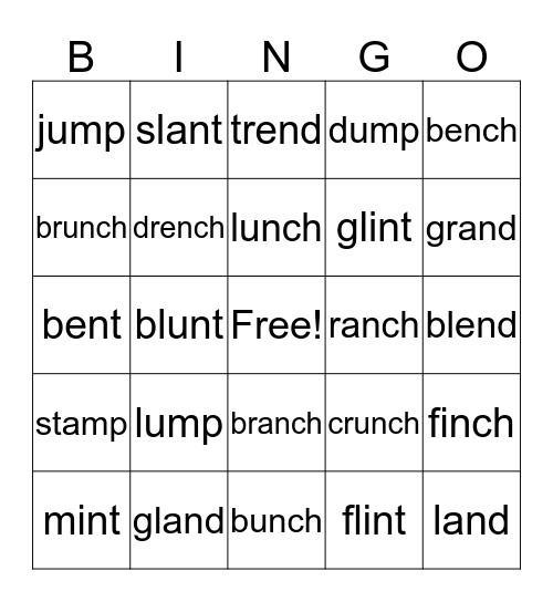 short vowels +blends Bingo Card