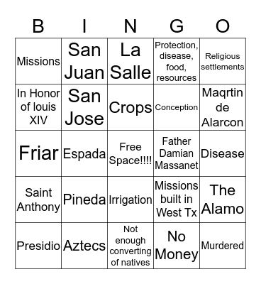 Spanish Missions Bingo Card