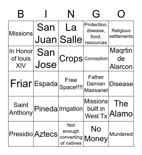Spanish Missions Bingo Card