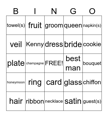 Jesse's Bridal Bingo Card