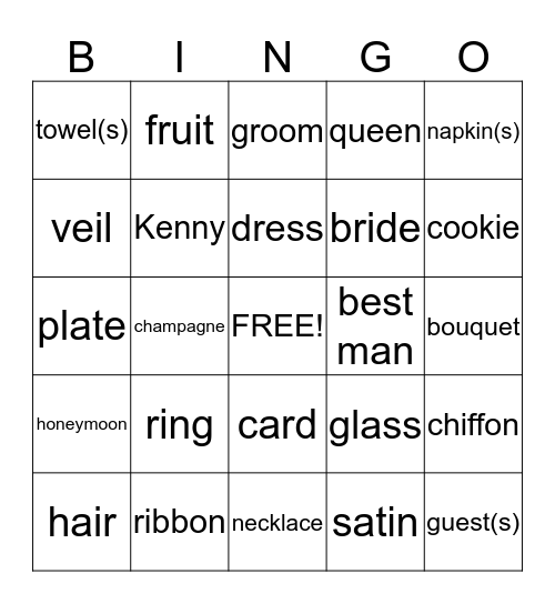 Jesse's Bridal Bingo Card