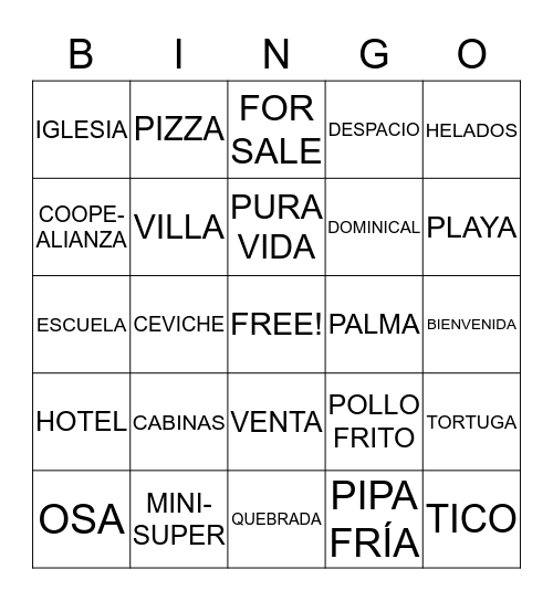 COSTA RICA  BINGO! Bingo Card