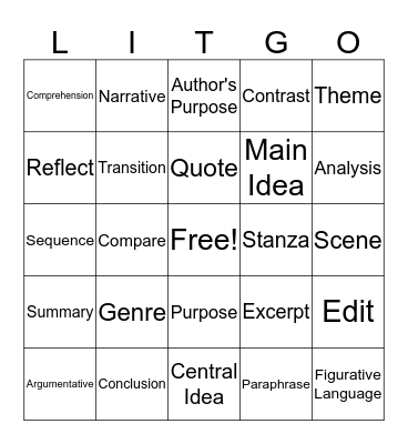 Literacy Language Bingo Card