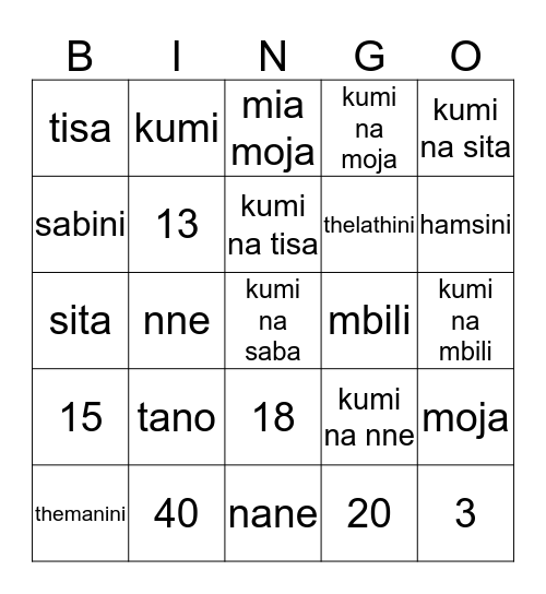 Swahili Numbers Bingo Card