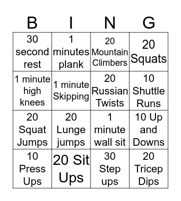 Fitness 1 Bingo Card