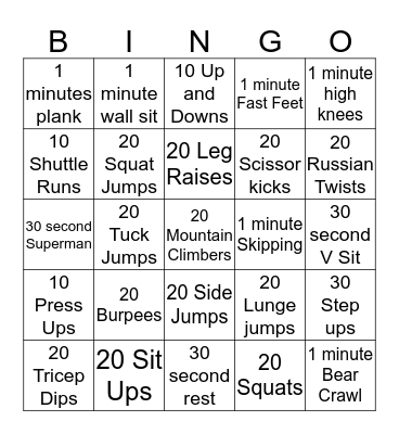 Fitness 2 Bingo Card