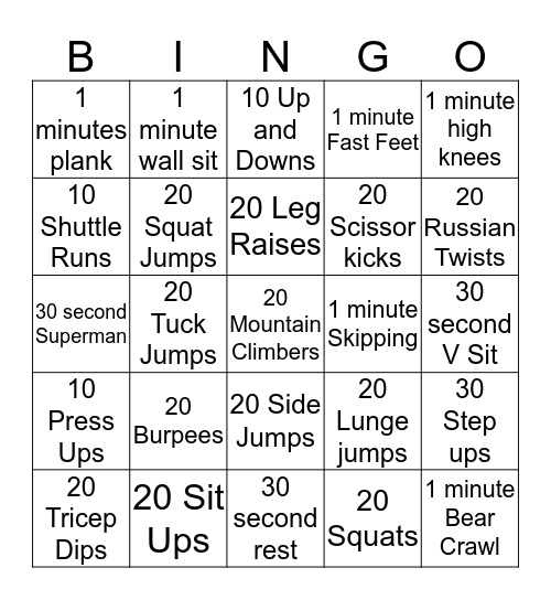 Fitness 2 Bingo Card
