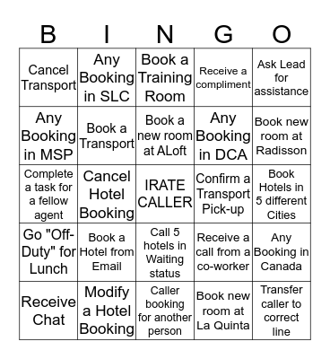 MSP Reservation Center Bingo Card