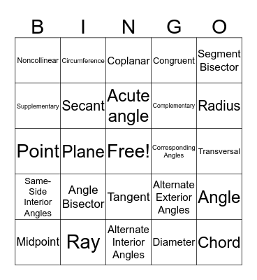 Geometry Vocab Bingo Card