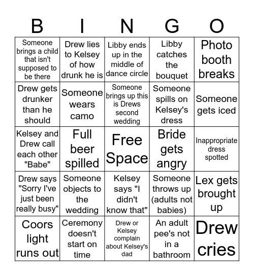 Andrew and Khaleesi Wedding Bingo Card