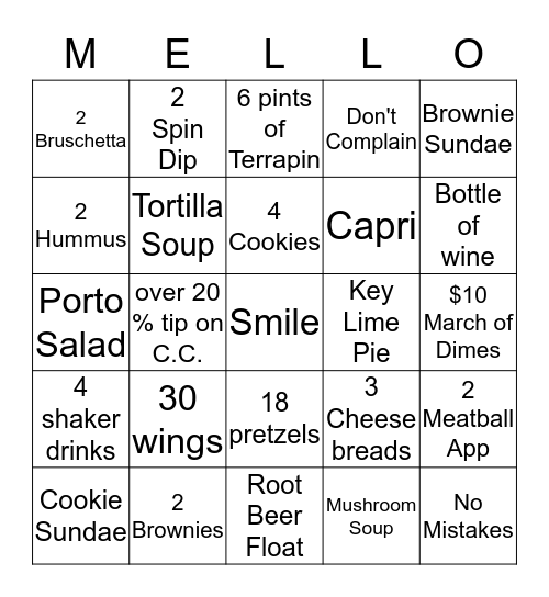 Mellow Mushroom Bingo Card
