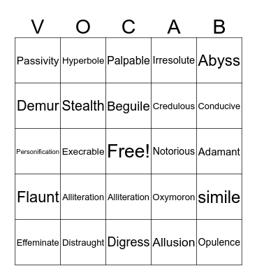 Vocabulary Bingo Card