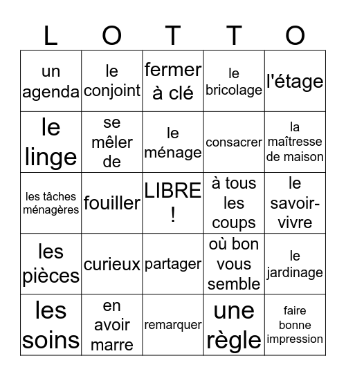 French 3 Unit 5 La Maison Bingo Card