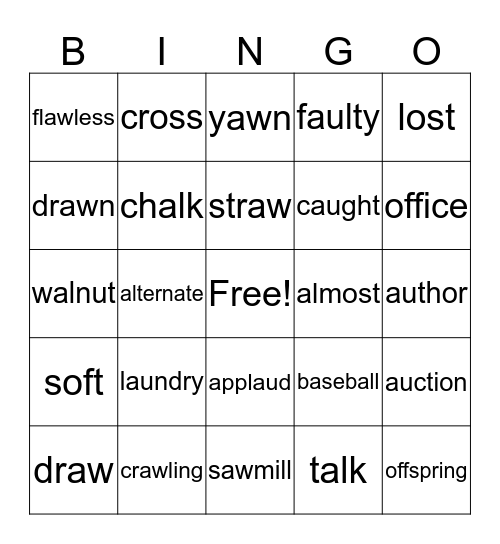 Words with au, aw, al, o Bingo Card