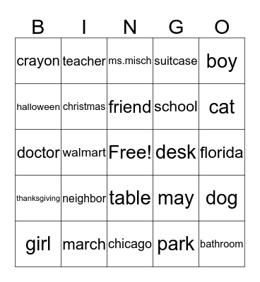 Common & Proper Noun Bingo Card