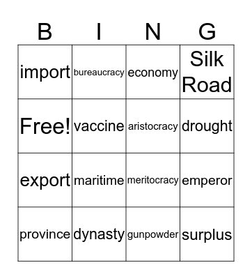 China Vocab Bingo Card