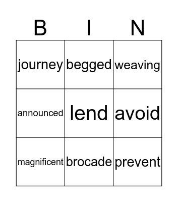 Vocabulary Words Bingo Card